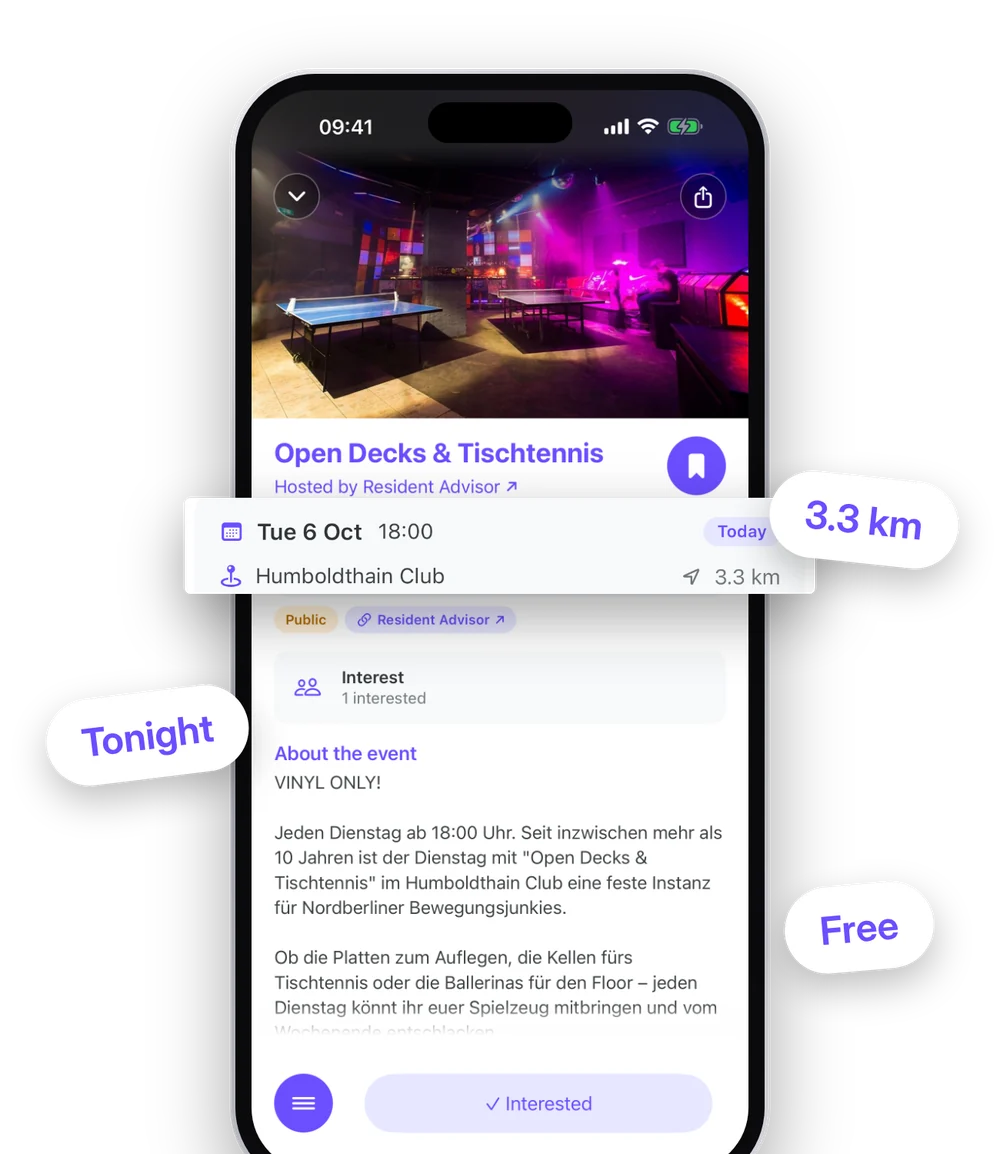 An event page with date, place, distance and host