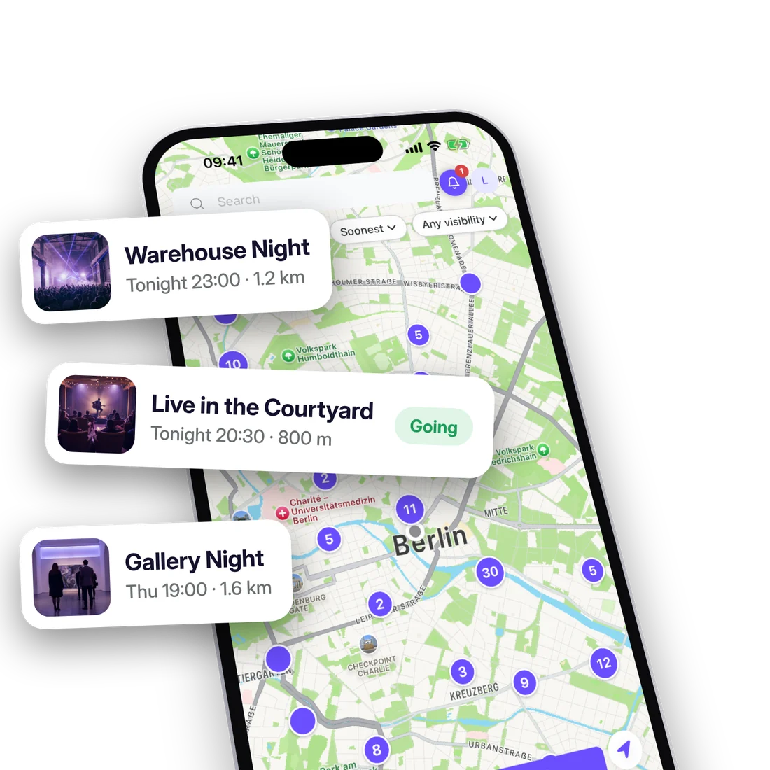 The Pinfo map of Berlin with event cards for tonight