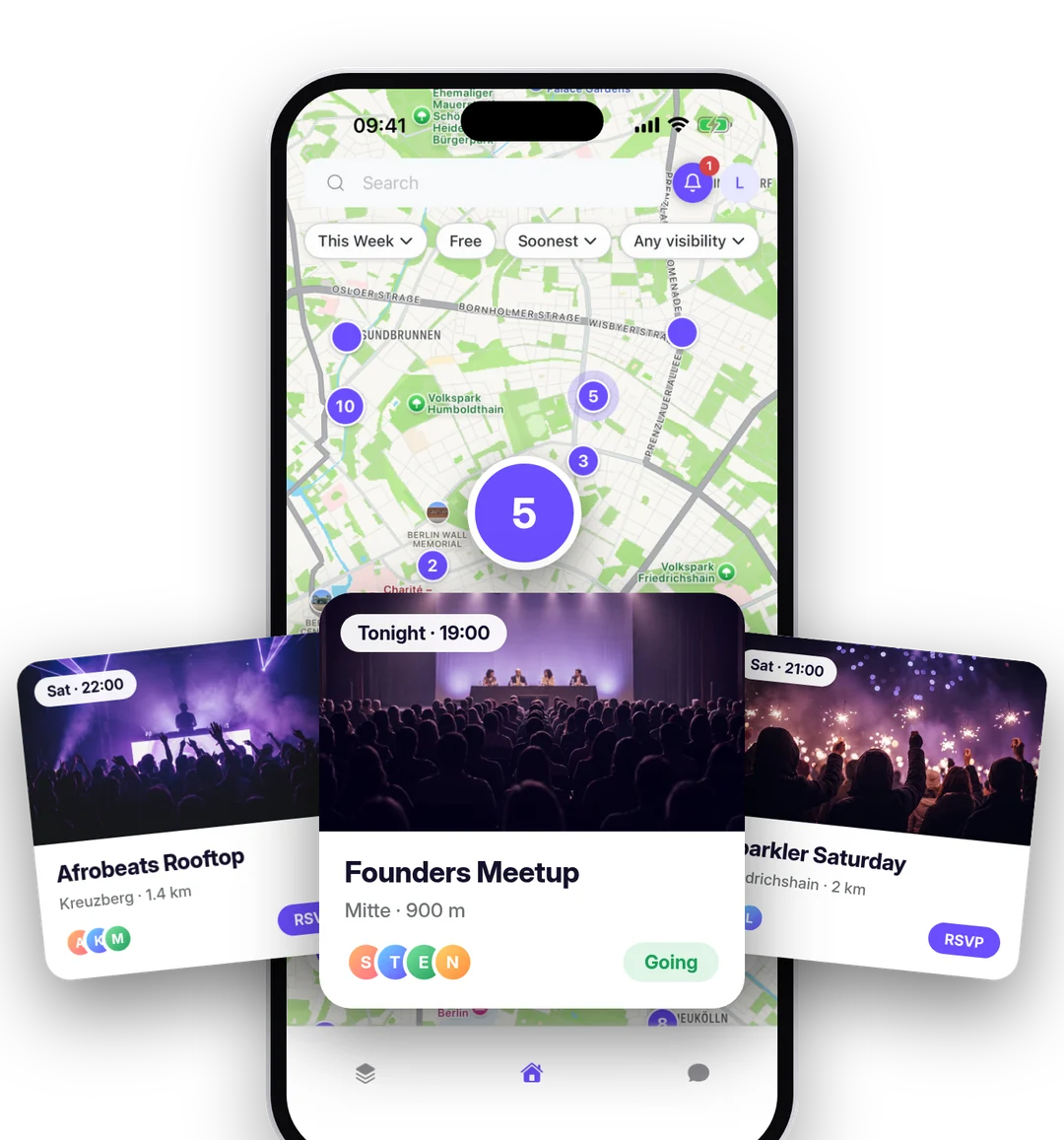 Tapping a pin on the map shows its events as cards